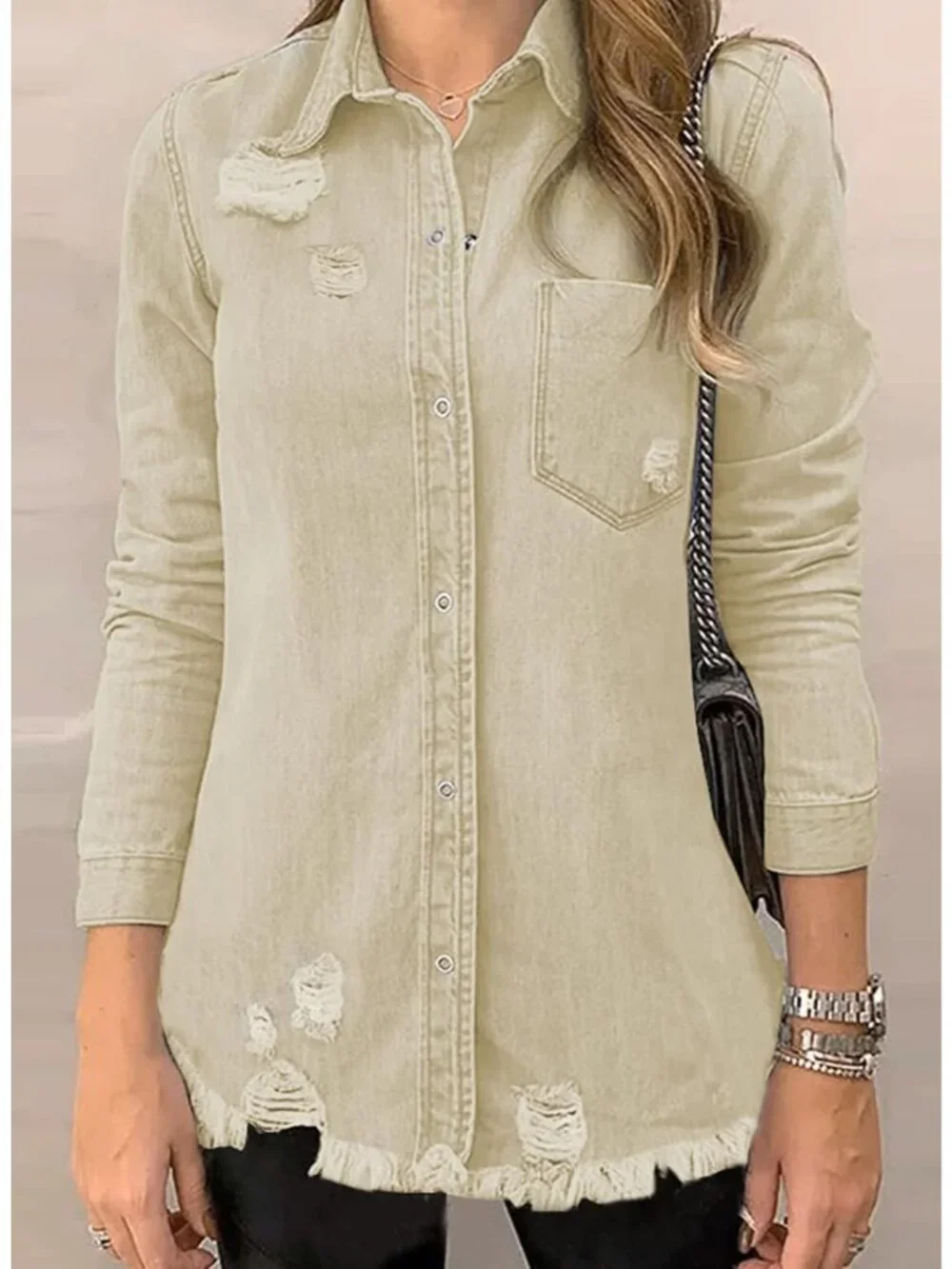 Women's Apricot Denim Button Down Oversized Distressed Boyfriend Jean Jacket